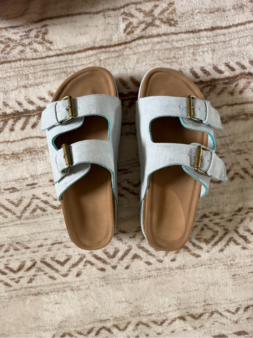 Platform Buckle Slide Sandals in Light Blue